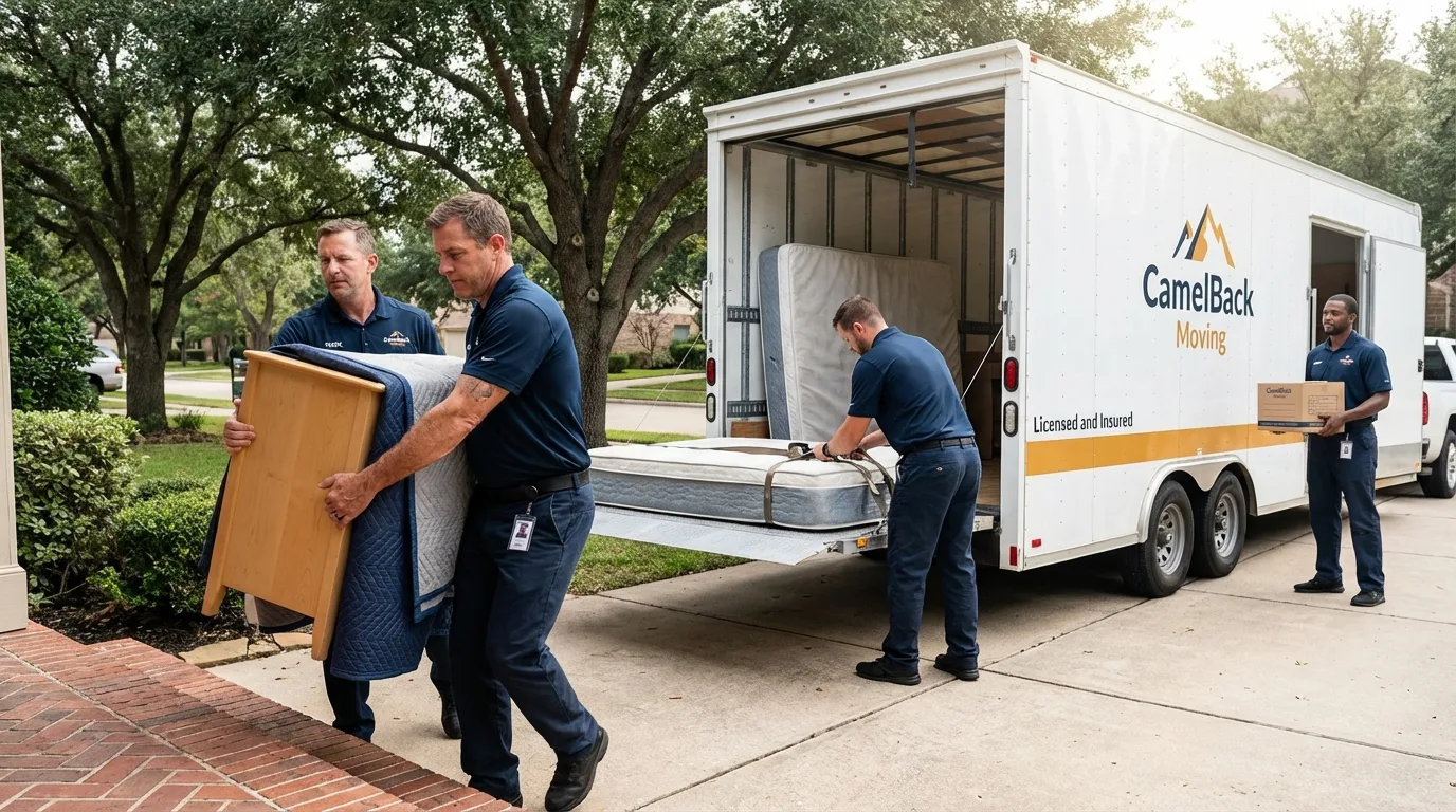 Crew loading residential truck for cross-state move from Alice, TX