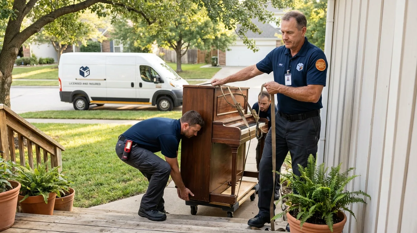 Licensed piano movers securing grand piano in Alice, TX