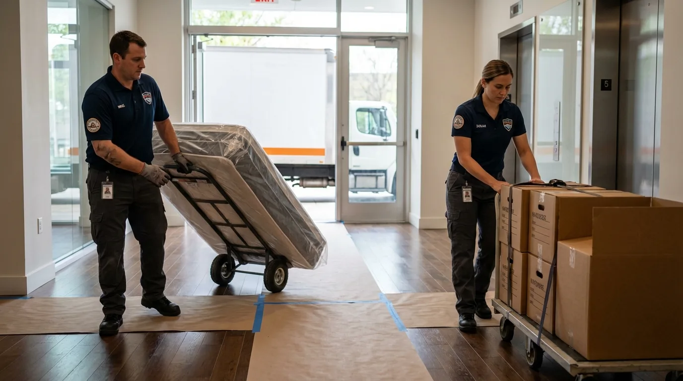 Professional apartment movers loading elevator in Alice, TX